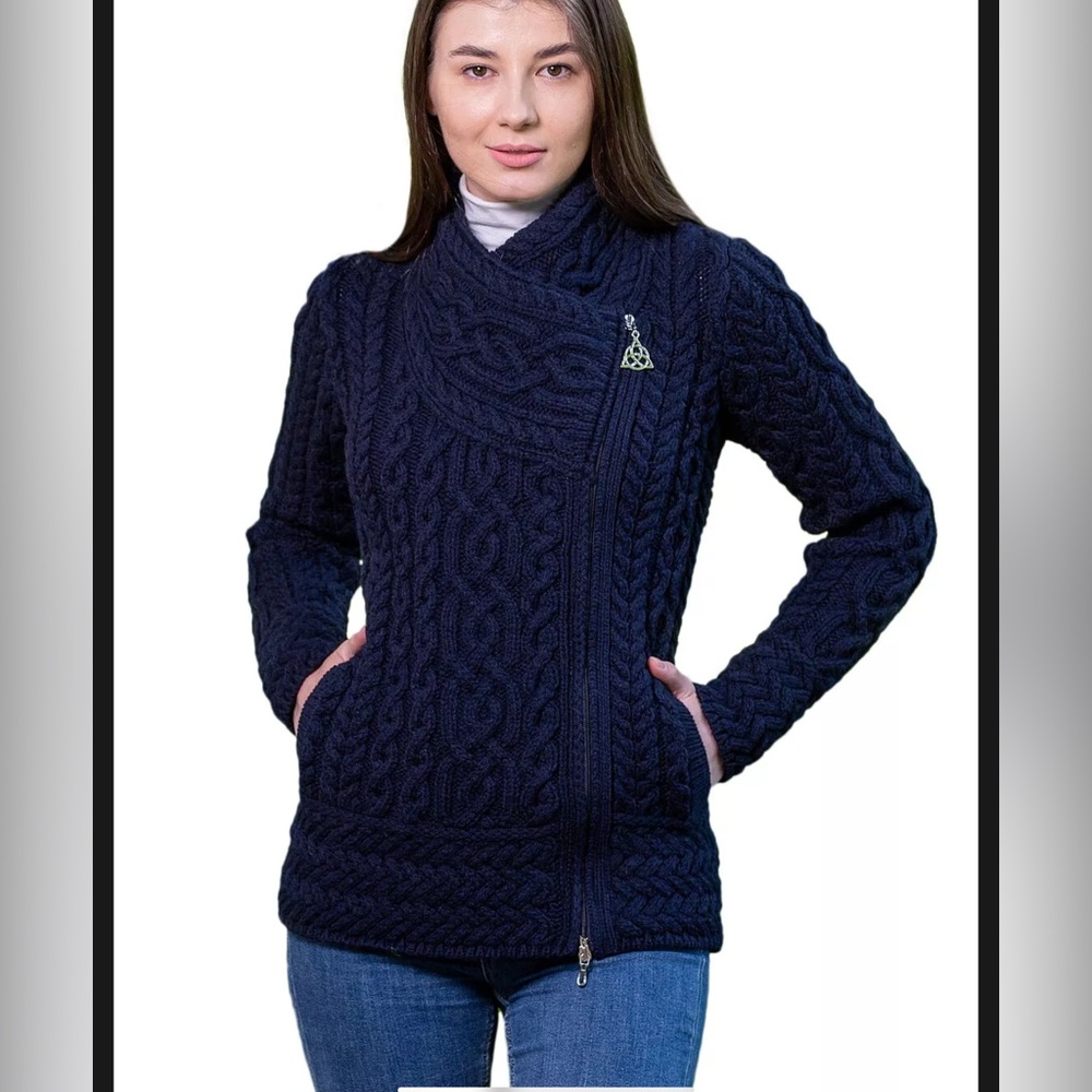 SAOL Cable Knitted Cardigan Women's 100% Merino Wool Irish Aran Zipper Jacket